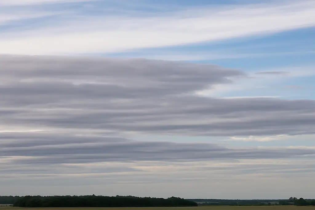Strukturiertes Wolkenbild mit flachen Schichtwolken, darüber hohe Schleier; klare Horizontlinie