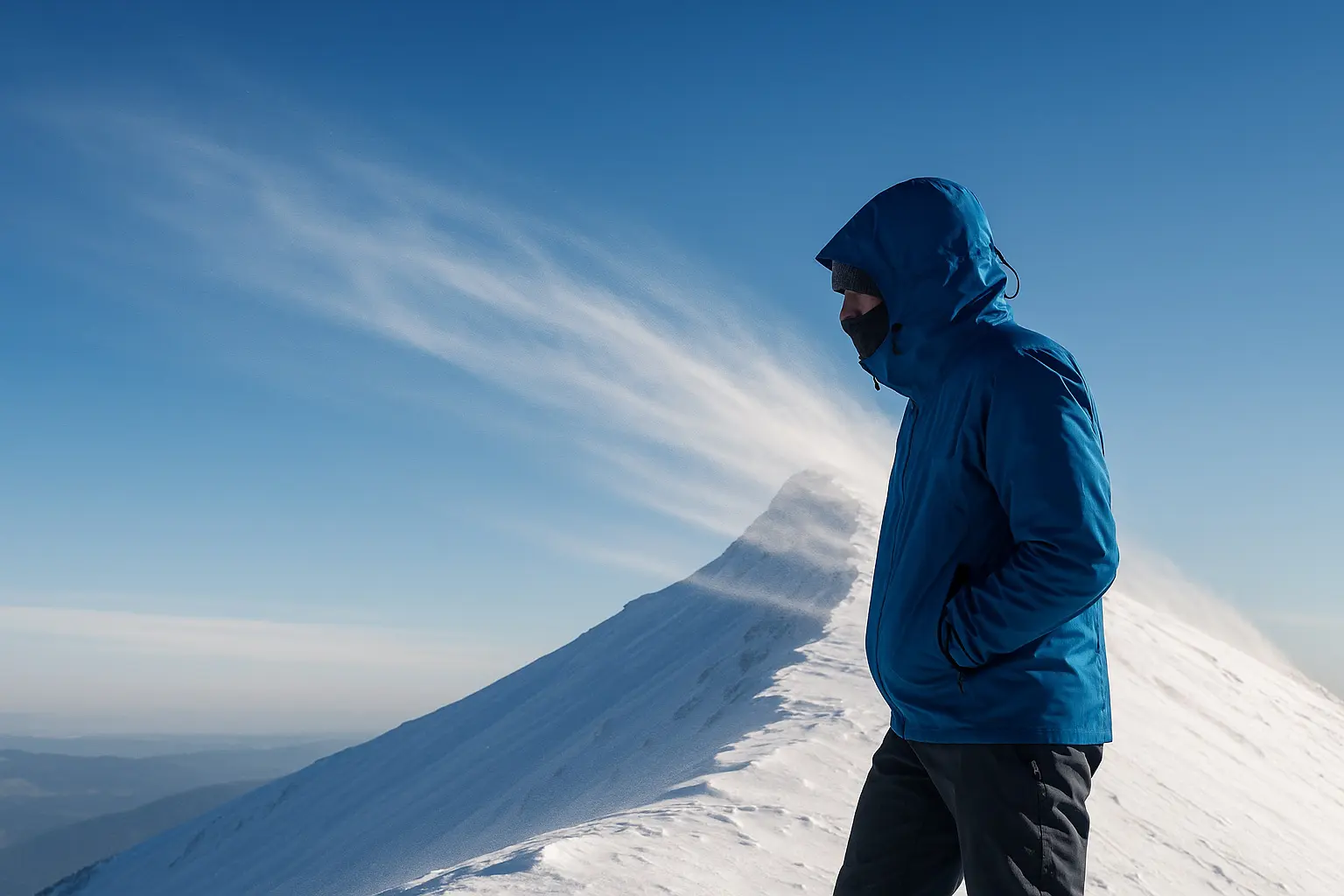 Person auf einem windigen Bergrücken, Schneefahnen ziehen über die Kante, Kleidung mit Kapuze und Windschutz