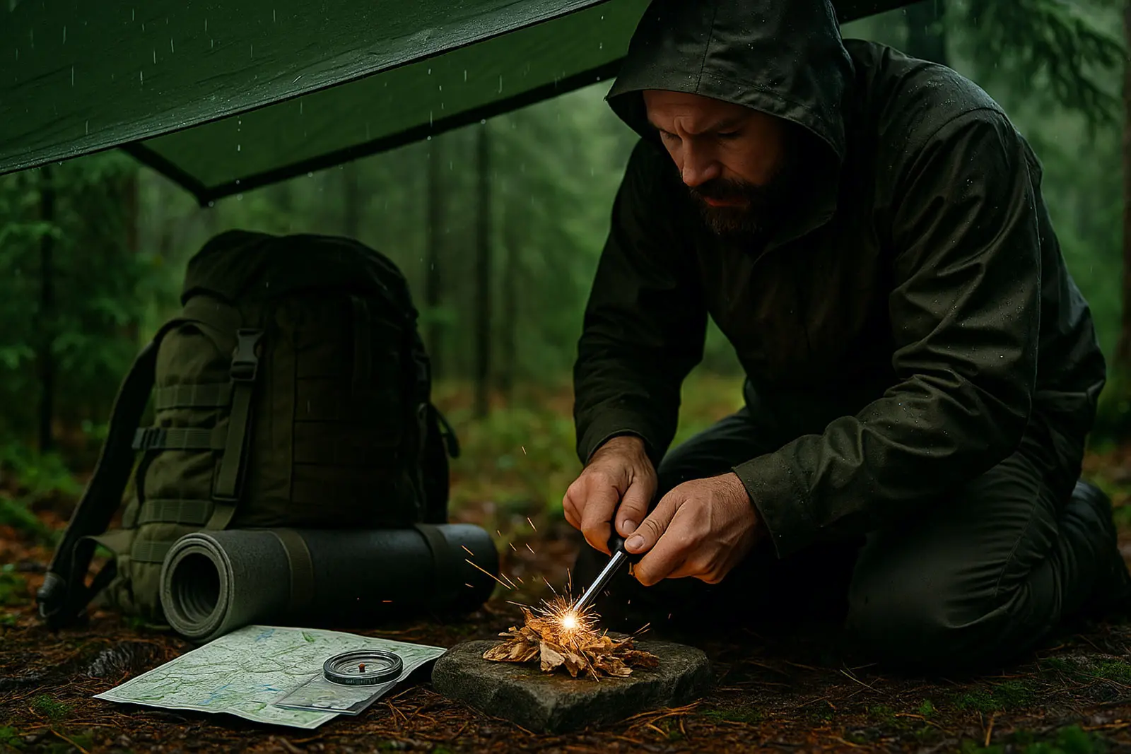 Survival-Praxis im Wald: Mann entfacht mit Feuerstahl Funken unter einem Tarp; daneben Rucksack, Karte und Kartenkompass; leichter Regen