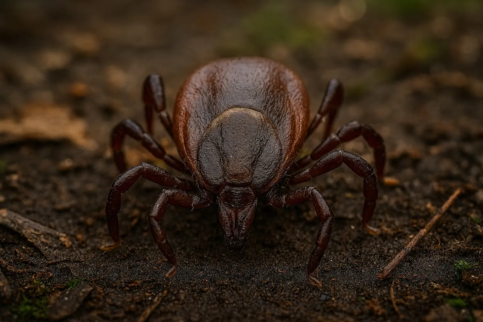 Makro-Großansicht einer Zecke (Ixodes ricinus) auf feuchtem Waldboden: dorsale Ansicht mit deutlich erkennbaren Mundwerkzeugen, Schild (Scutum) und Beinen