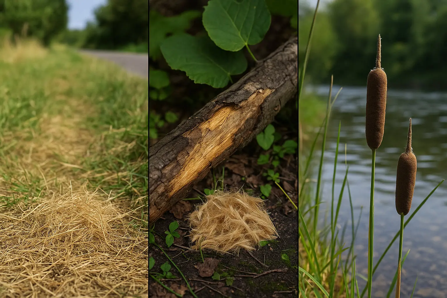Gelände: sonniger Wegrand mit trockenem Heu, liegender Lindenast für Bast, Uferstelle mit reifem Rohrkolben